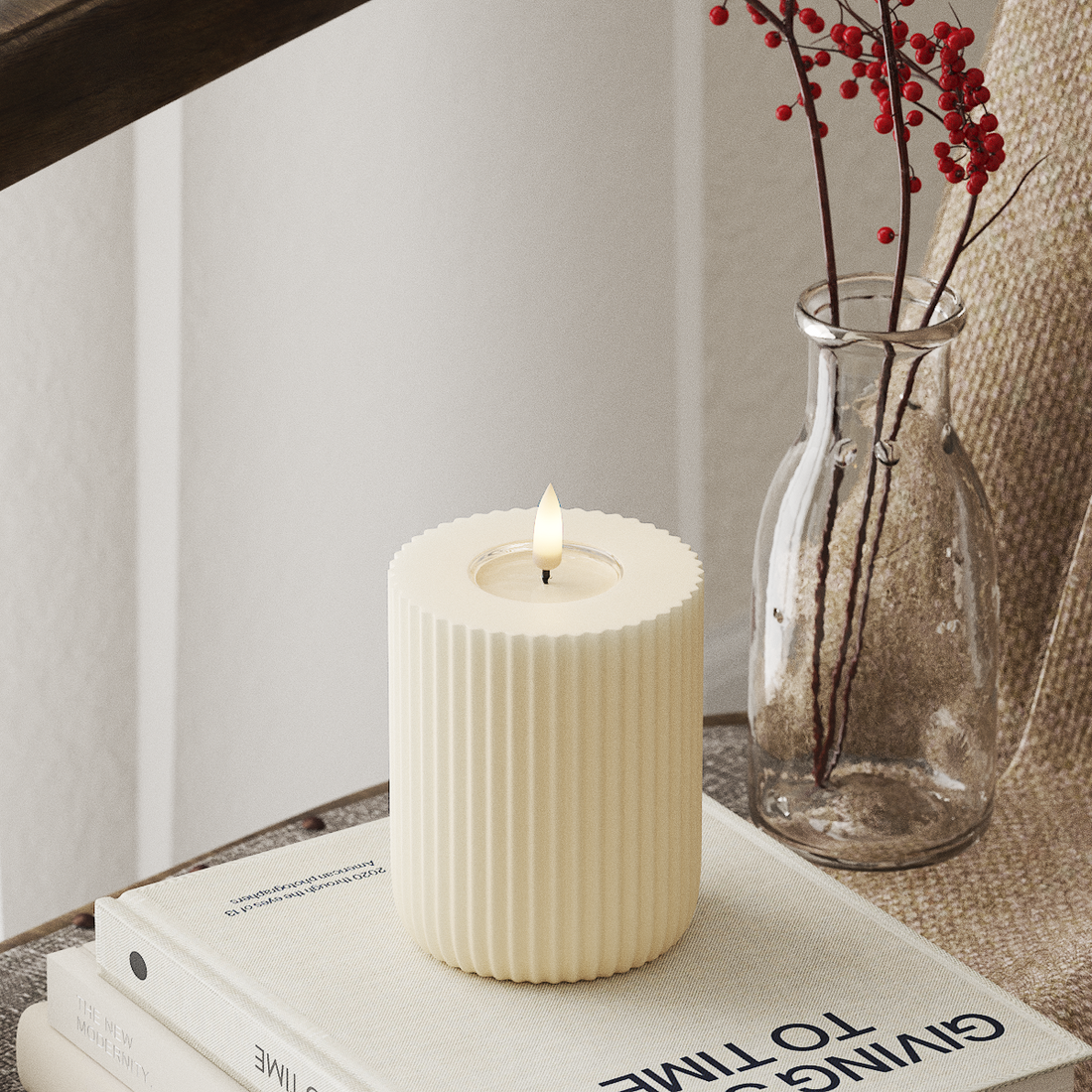 Deluxe Homeart Solid Stripe LEDs Vela pilar Ø 8 X 10 Cm Creme Forma LED 4