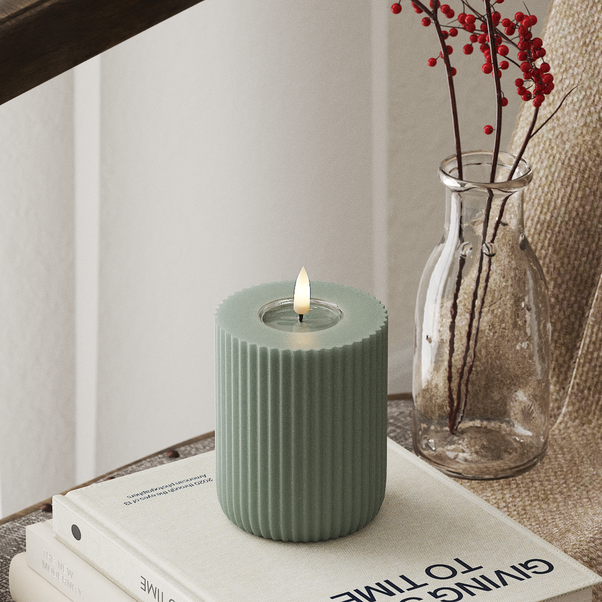 Deluxe Homeart Solid Stripe LEDs Vela pilar Ø 8 X 10 Cm Verde sálvia Forma LED 4
