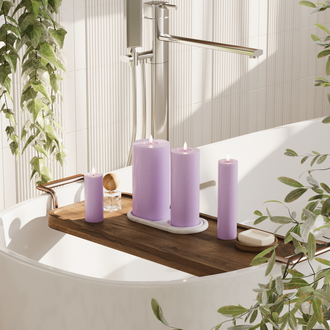 Deluxe Homeart LED bloklys pakke - Lavendel - 5 x 12,5 + 20 | 7,5 x 20 | 10 x 20 cm pakke 1